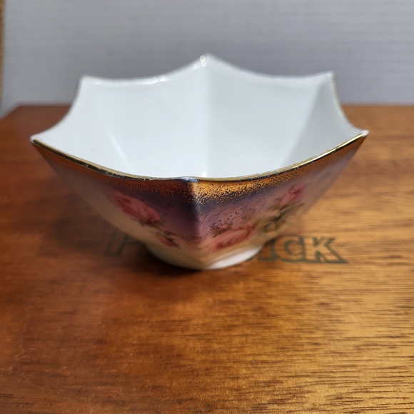 Vintage Silesia Porcelain Umbrella Edge Trinket Dish Bowl with Pink Roses Gilt - Picture 2 of 15